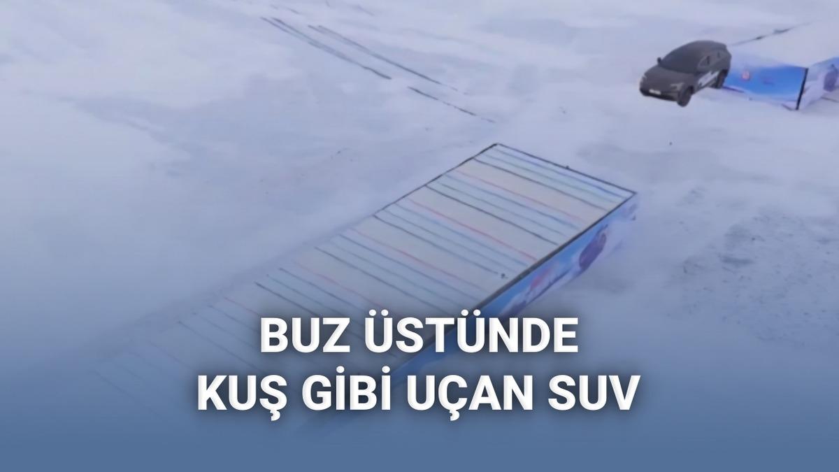 -30 derece havada buz rampasında 20 metre uçan SUV dünya rekoru kırdı
